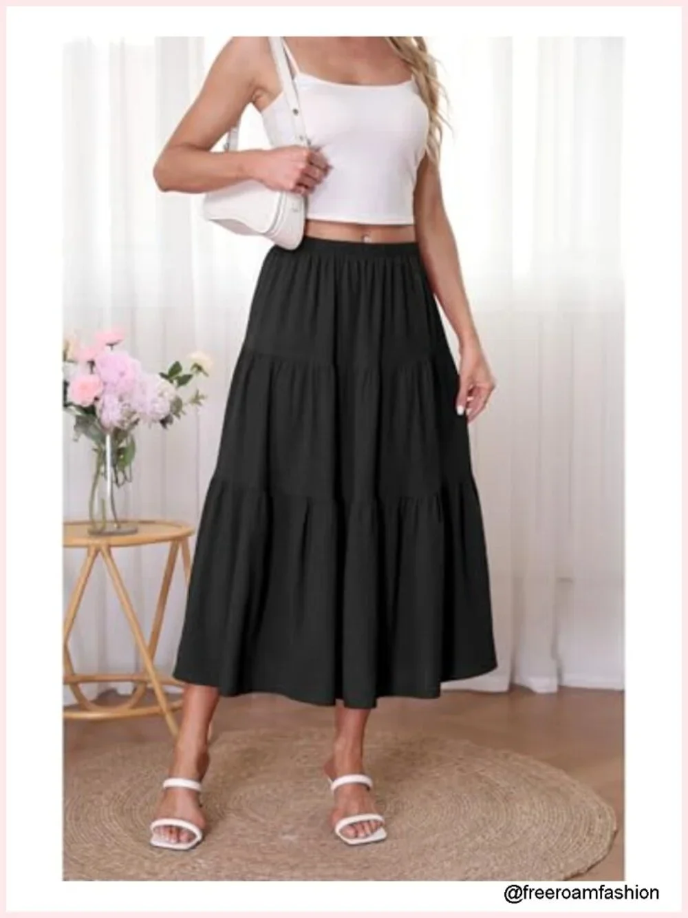 High Waist Tiered A-Line Midi Skirt Flowy Ruffle Elastic Boho